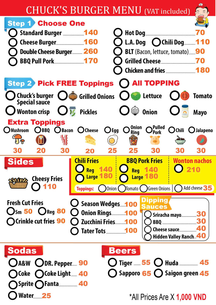 Chuck's Burger Menu
